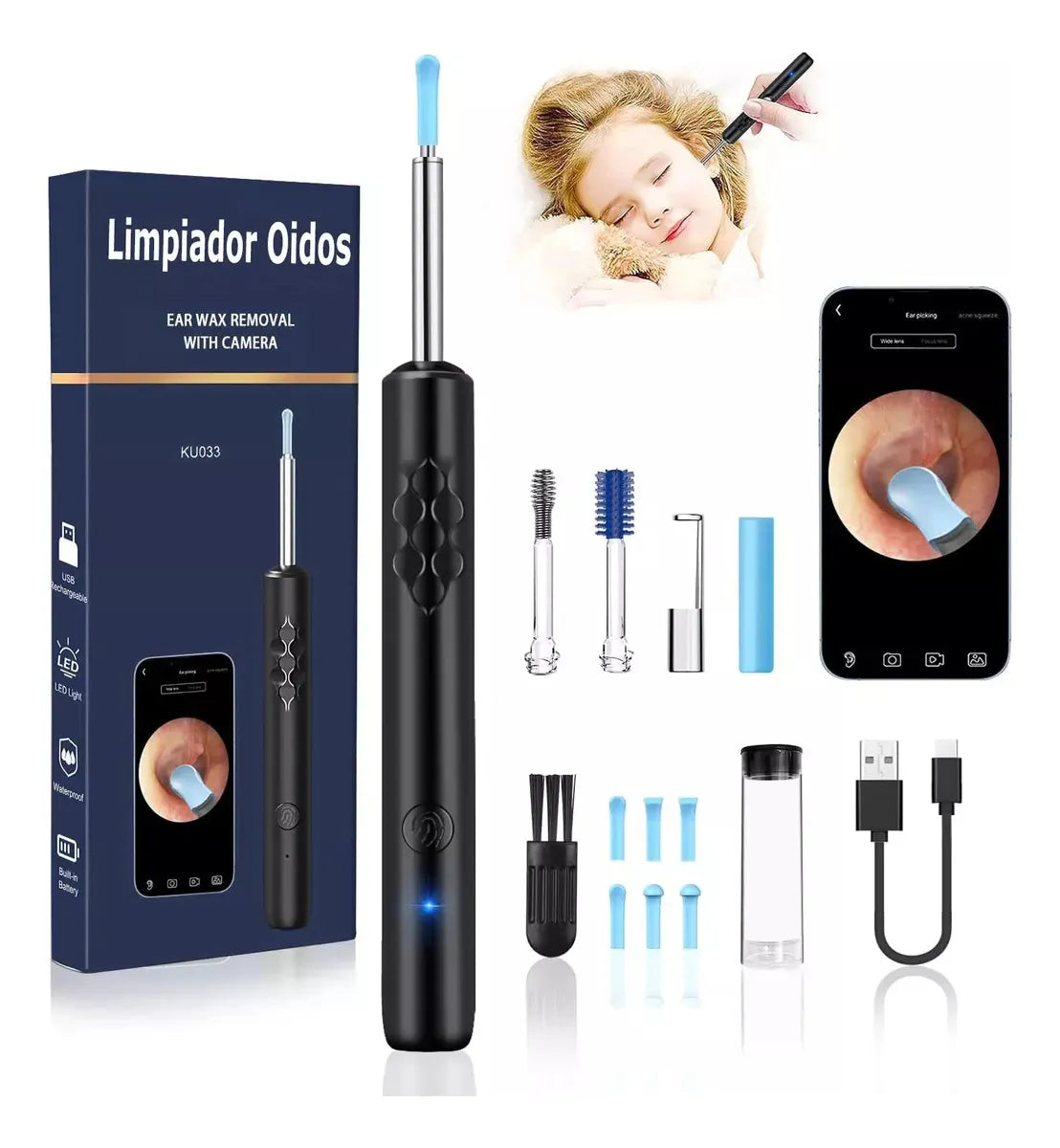 Limpiador de Oídos Inteligente con Cámara HD 1080P | Extractor de Puntos Negros | WiFi