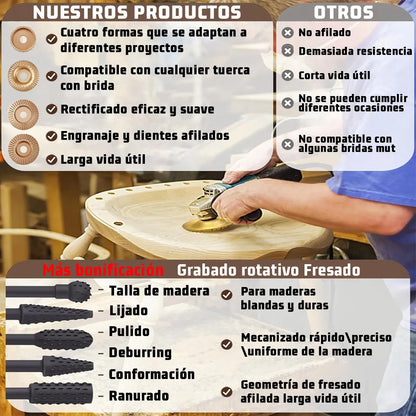 Kit Discos para Tallar Madera 16 Piezas | Acero al Carbono | Para Esmeriladora Angular