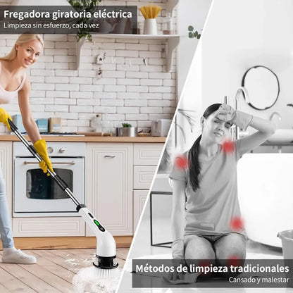 Fregadora Eléctrica Rotativa | Mango Extensible 137cm | 9 Cabezales Intercambiables