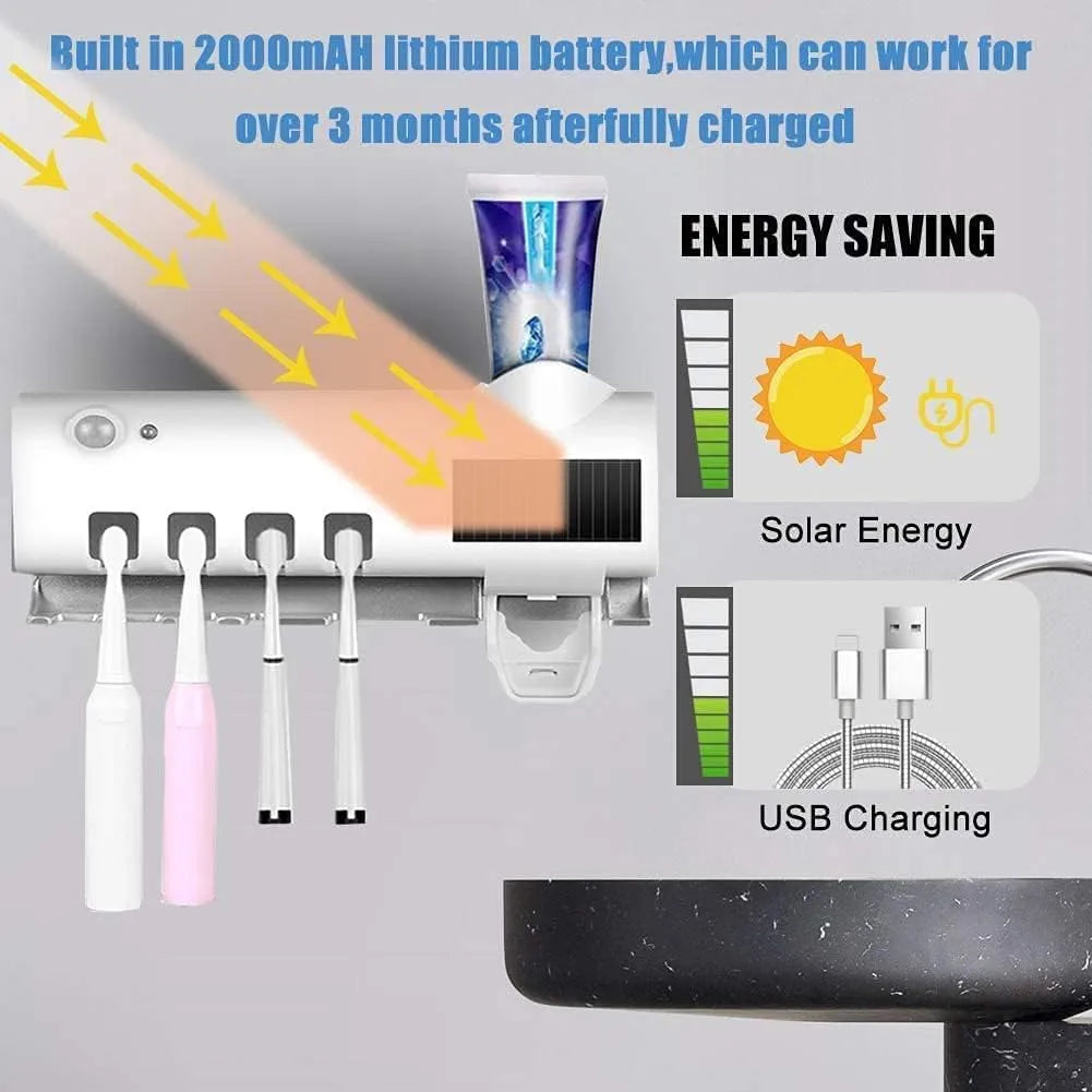 Porta Cepillos con Esterilizador UV | Dispensador de Pasta | Carga Solar y USB
