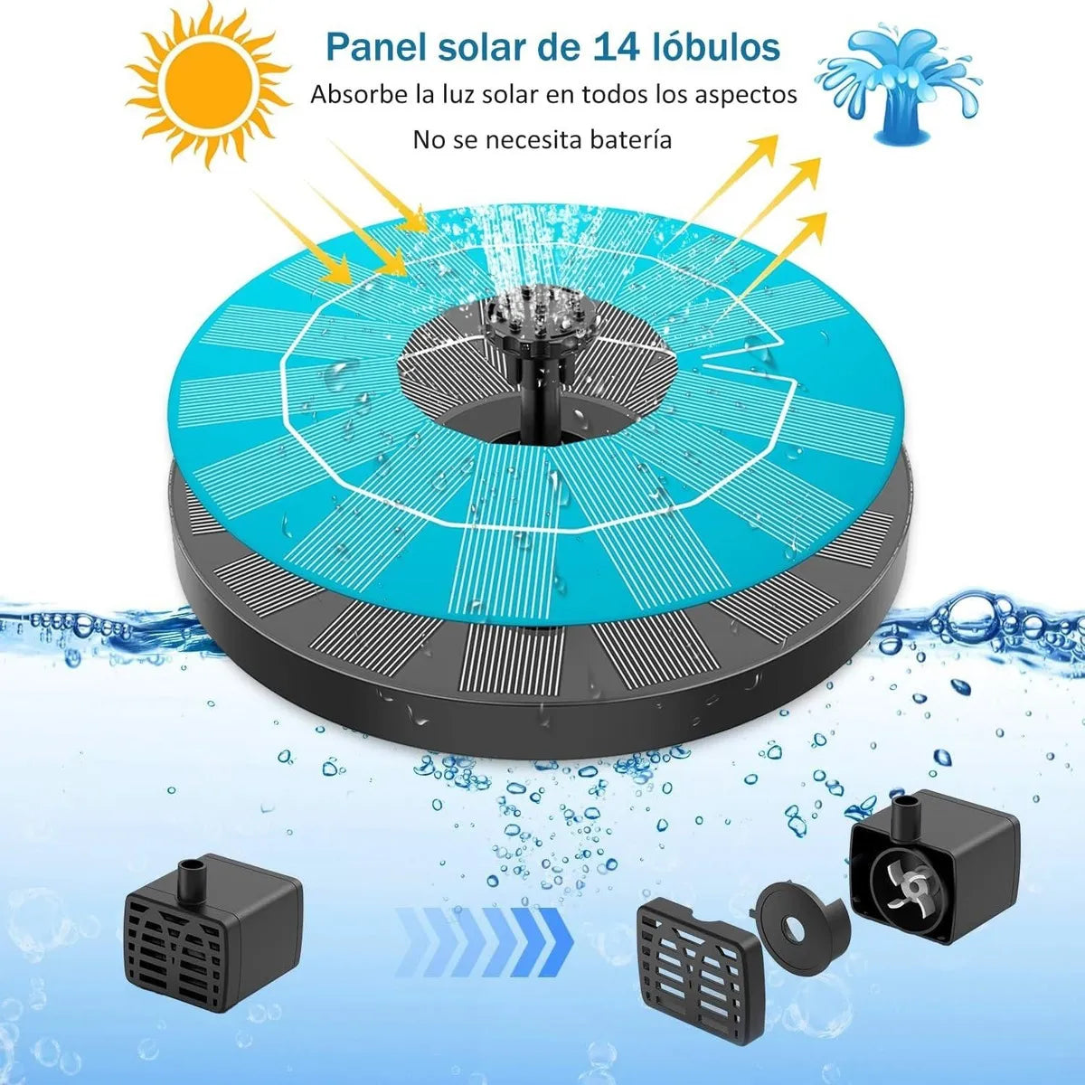 Fuente de Agua Solar 16cm | 6 Boquillas Intercambiables | Cero Consumo Eléctrico