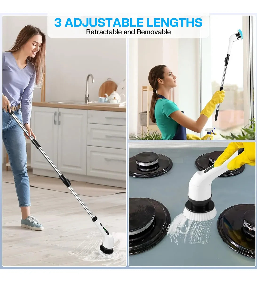Fregadora Eléctrica Rotativa | Mango Extensible 137cm | 9 Cabezales Intercambiables