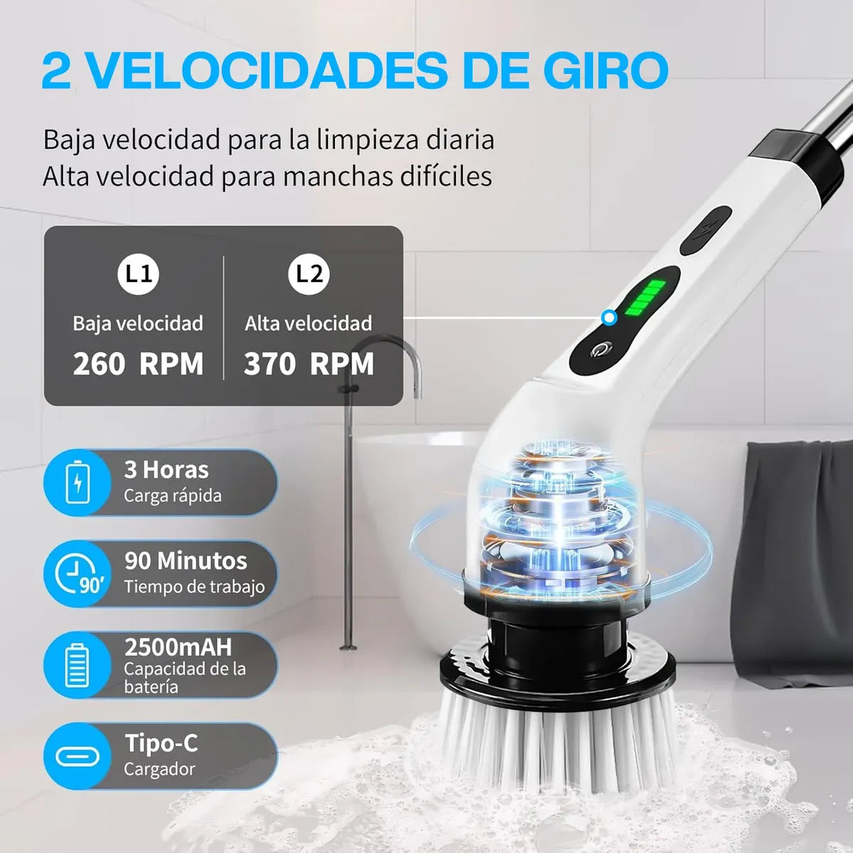 Fregadora Eléctrica Rotativa | Mango Extensible 137cm | 9 Cabezales Intercambiables