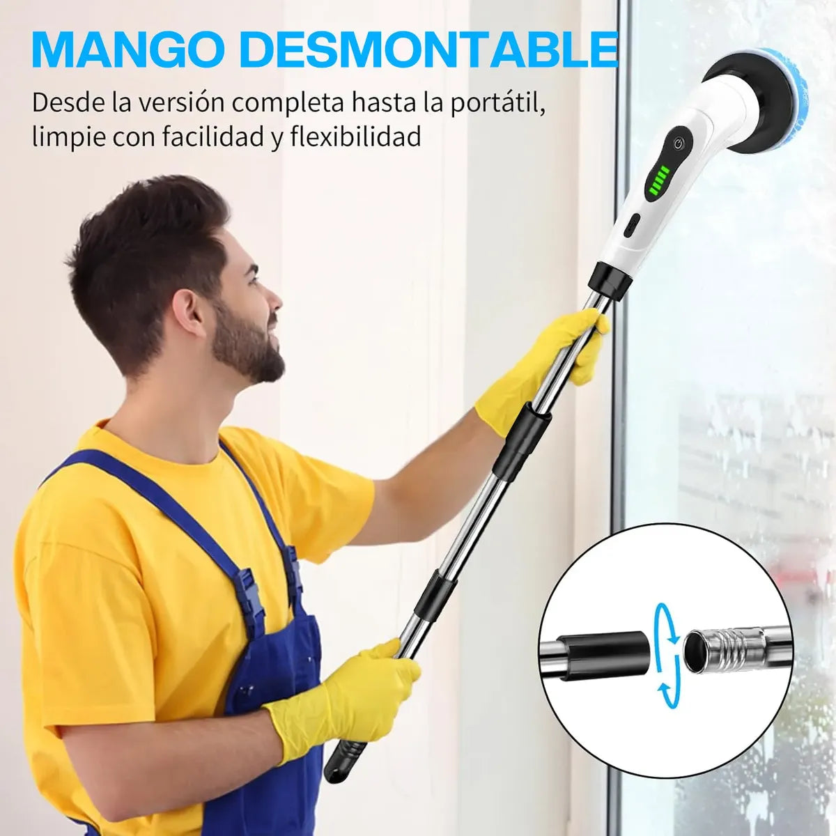 Fregadora Eléctrica Rotativa | Mango Extensible 137cm | 9 Cabezales Intercambiables