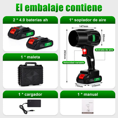 Jet Air: Soplador Inalámbrico Ultra Potente para Limpieza y Orden | 1200W 4500RPM 2 baterías 21V Estuche