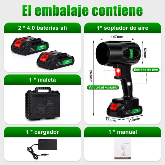 Jet Air: Soplador Inalámbrico Ultra Potente para Limpieza y Orden | 1200W 4500RPM 2 baterías 21V Estuche