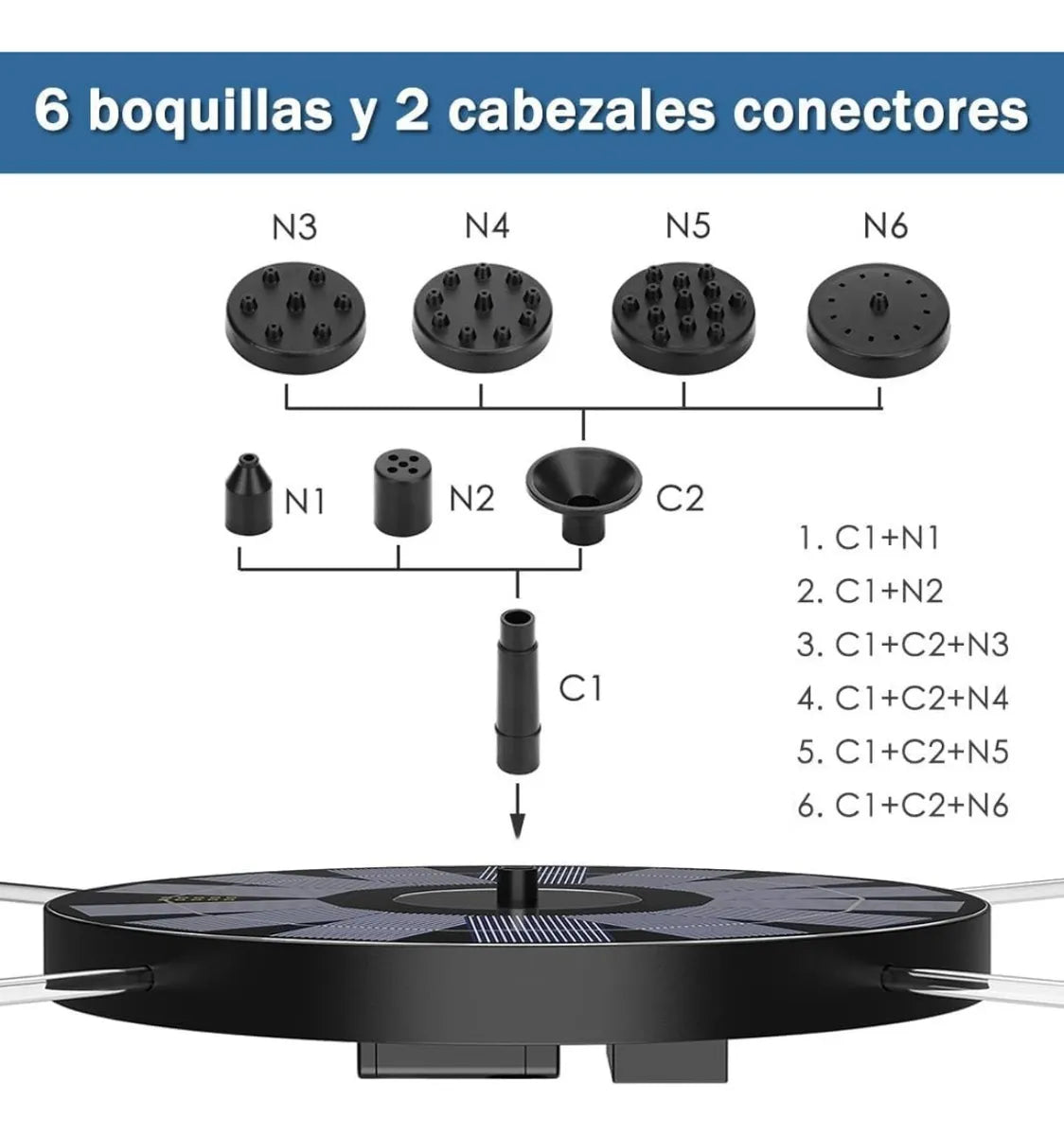 Fuente de Agua Solar 16cm | 6 Boquillas Intercambiables | Cero Consumo Eléctrico