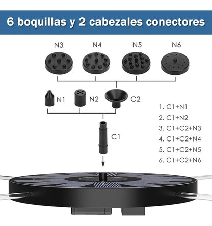 Fuente de Agua Solar 16cm | 6 Boquillas Intercambiables | Cero Consumo Eléctrico