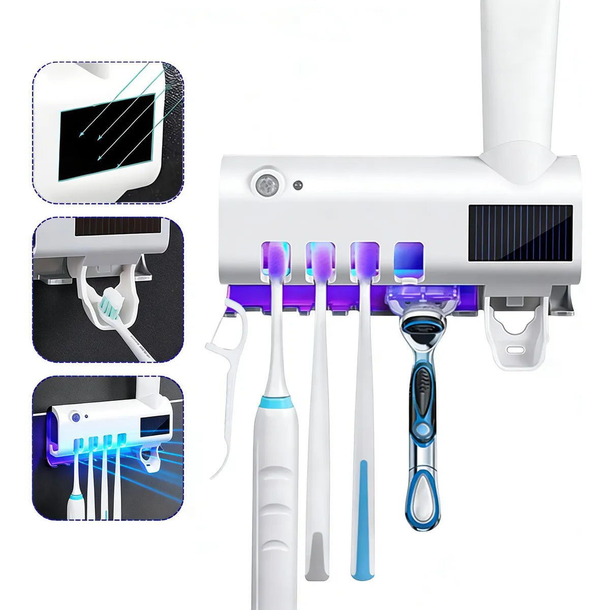 Porta Cepillos con Esterilizador UV | Dispensador de Pasta | Carga Solar y USB