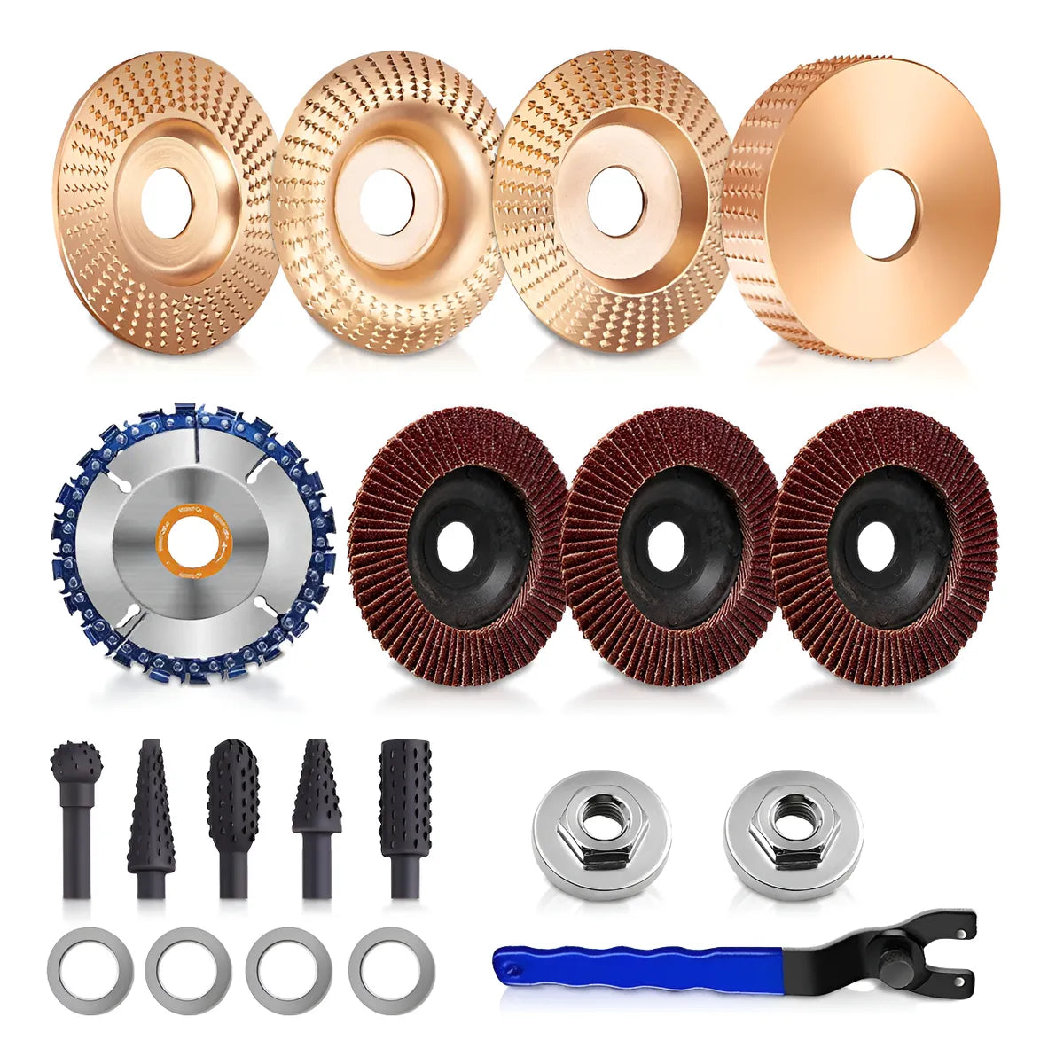 Kit Discos para Tallar Madera 16 Piezas | Acero al Carbono | Para Esmeriladora Angular